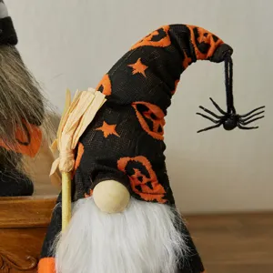 Halloween gnome doll featuring a pumpkin hat and spider, ideal standing festive decoration