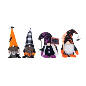 Set of four unique handmade Halloween gnomes plush with spooky festive decorations