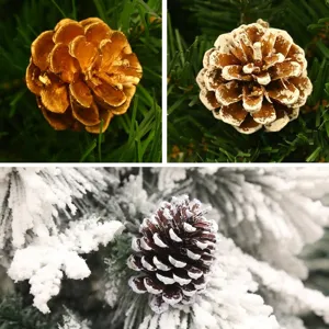 Set de piñas naturales decorativas con pintura dorada y efecto nieve para manualidades