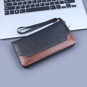 Men's Vintage PU Leather Patchwork Long Wallet Zipper Clutch Bag With Wristlet Lightweight Phone Handbag For Business Daily