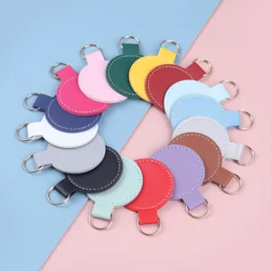 Porte-Clés Créatif en Cuir Rond Étiquette Anti-Perte Circulaire en Simili Cuir PU Coloré Anneau de Clé Avec Boucle en Métal Détail de Couture