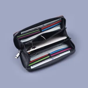Large capacity men's long zipper wallet showing interior compartments and card slots