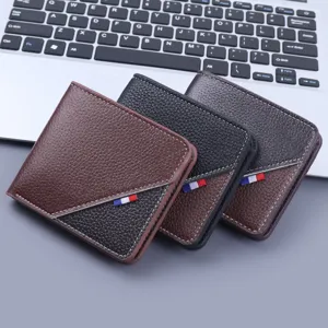 Cartera de negocios corta para hombre de cuero suave con detalle tricolor