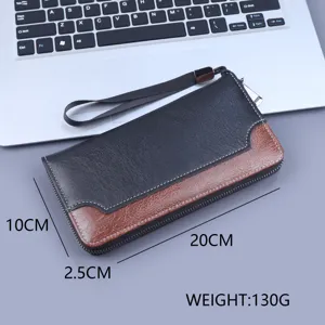 Men's patchwork faux leather long wallet zipper clutch bag with portable wrist strap