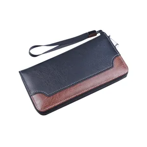 Premium men's patchwork long leather wallet clutch with secure zipper and wrist strap