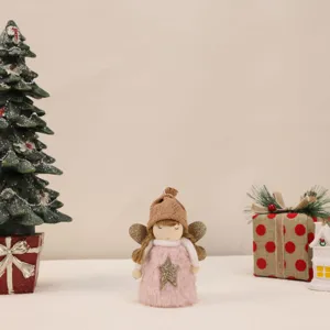 Cute plush Christmas angel girl ornament with pink fluffy dress and gold star decoration