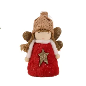Plush Christmas angel doll hanging ornament with red faux fur dress and gold star