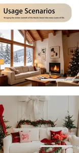 Decorazioni natalizie nordiche con grande fiocco bianco e cuscini rossi festivi