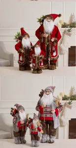 Detailed view of two sets of standing Santa Claus figurines in different holiday outfits