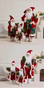 Detailed view of various sizes of standing Santa Claus figurines with sequins.