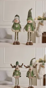 Detailed view of clover green Christmas snowman and reindeer retractable plush dolls