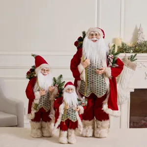 Set of three standing Santa Claus figurines in velvet coats for Christmas decor