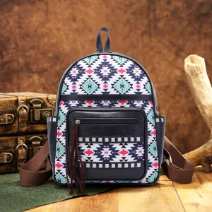 Aztec bohemian style backpack with geometric pattern and brown fringe tassel details