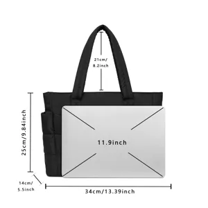 Detailed size diagram of black quilted travel tote bag with 34cm width and laptop fit