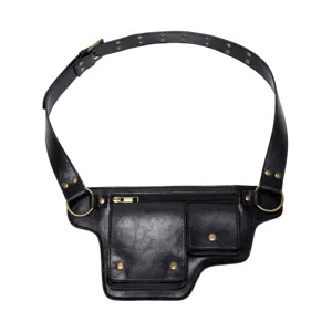 Riñonera de estilo motero en cuero negro vintage con correa ajustable y herrajes de latón