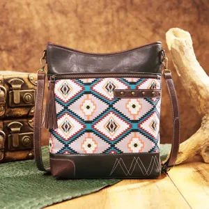 Bohemian crossbody bag with Aztec geometric pattern and brown faux leather trim