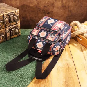 Vista detallada de mochila bohemia con patrón azteca y múltiples compartimentos