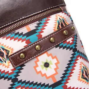 Detail of Aztec pattern waterproof crossbody bag with retro bronze rivets and zipper