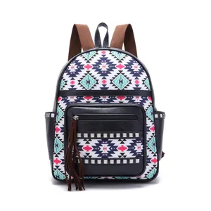 Detailed view of a bohemian Aztec tribal pattern backpack featuring decorative brown leather tassels