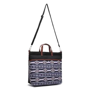 Vintage Bohemian Aztec pattern waterproof crossbody laptop bag with brown handles and strap