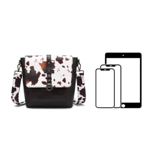 Western retro cow print crossbody bag size comparison with tablet and smartphones.