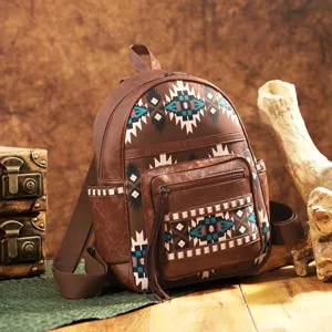 Close-up detail of the colorful Aztec pattern and tassel on a vintage brown backpack.