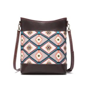 Vintage Bohemian Aztec print crossbody bag with waterproof fabric and leather trim.