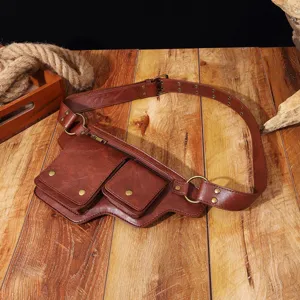 Riñonera vintage de cuero sintético marrón con cinturón ajustable y detalles metal