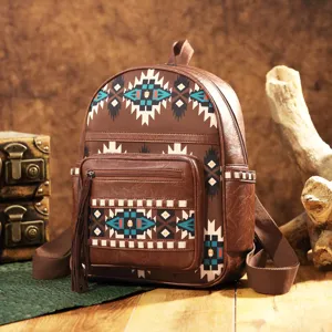 Bohemian Aztec pattern backpack with ethnic design and tassel detail in a rustic setting