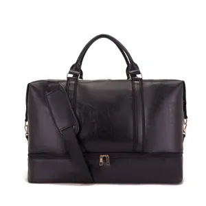 Bolso de viaje grande de cuero sintético negro con compartimento para zapatos y asa.