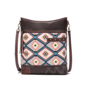 Front view of vintage Bohemian Aztec pattern crossbody bag with tassel and stud details
