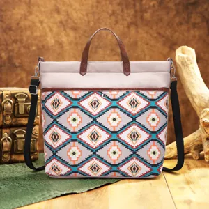 Retro bohemian Aztec pattern laptop bag made of waterproof twill with leather handles.