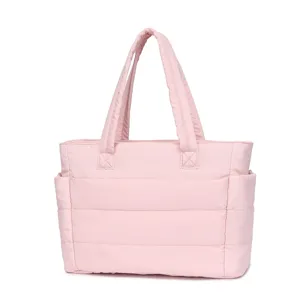 High-quality front view of a lightweight light pink padded cotton tote bag for travel and gym