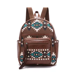 Front view of brown Aztec Bohemian ethnic backpack with tassel detail and tribal pattern