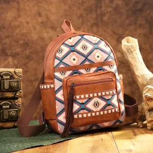 Detailed view of bohemian Aztec print backpack featuring faux leather trim and fringe