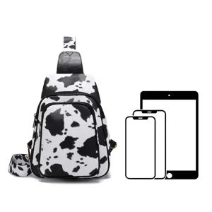 Western style cow print sling chest bag with device silhouettes for size reference