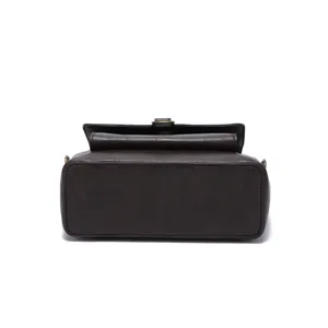 Bottom view detail of vintage dark brown leather crossbody bag with durable stitching