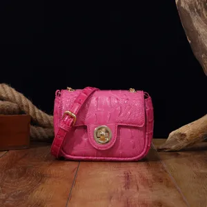 Vista detallada de bolso rosa con relieve de cocodrilo y cierre dorado