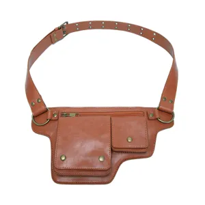 Riñonera vintage de cuero PU marrón con correa ajustable para estilo motorista