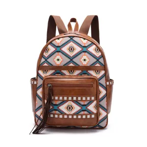 Front view detail of Bohemian backpack showing Aztec tribal pattern and tassels