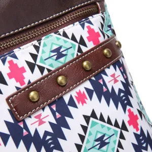 Close-up of Aztec print and bronze studs on Bohemian waterproof crossbody bag details