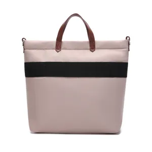 Front view of a beige waterproof nylon laptop tote with brown handles and black stripe