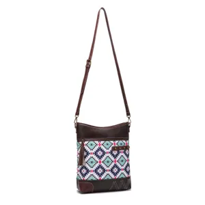 Vintage Bohemian Aztec print crossbody bag with brown leather trim and tassel detail