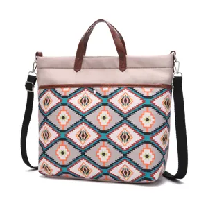 Retro bohemian aztec pattern waterproof twill crossbody tote bag with brown handles.