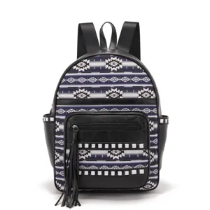 Bohemian ethnic style Aztec pattern backpack with black leather and tassel charm
