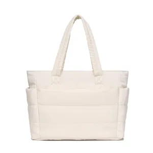 Large capacity lightweight cream quilted puffer tote bag perfect for travel and fitness gear