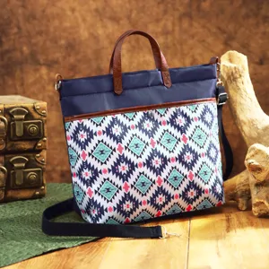Detailed view of bohemian Aztec laptop bag with durable waterproof twill fabric