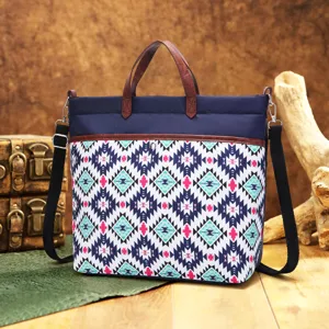 Vintage Bohemian Aztec print waterproof tote bag for laptop with brown handles