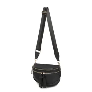 Vista detallada de un bolso bandolera de tela Oxford negro impermeable con cremalleras doradas.
