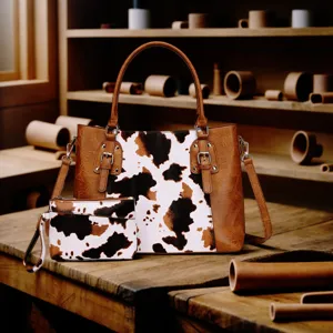 Conjunto de bolso y cartera vintage con estampado de vaca estilo bohemio retro